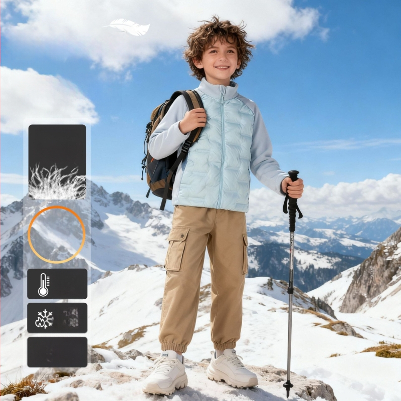 Vaikų pūkuotas vidinis džensas – lengvas ir šiltas, užtrauktukas, ilgos rankovės, be gobtuvo, poliesterio audinys ir pamušalas, 2025 rudens leidimas