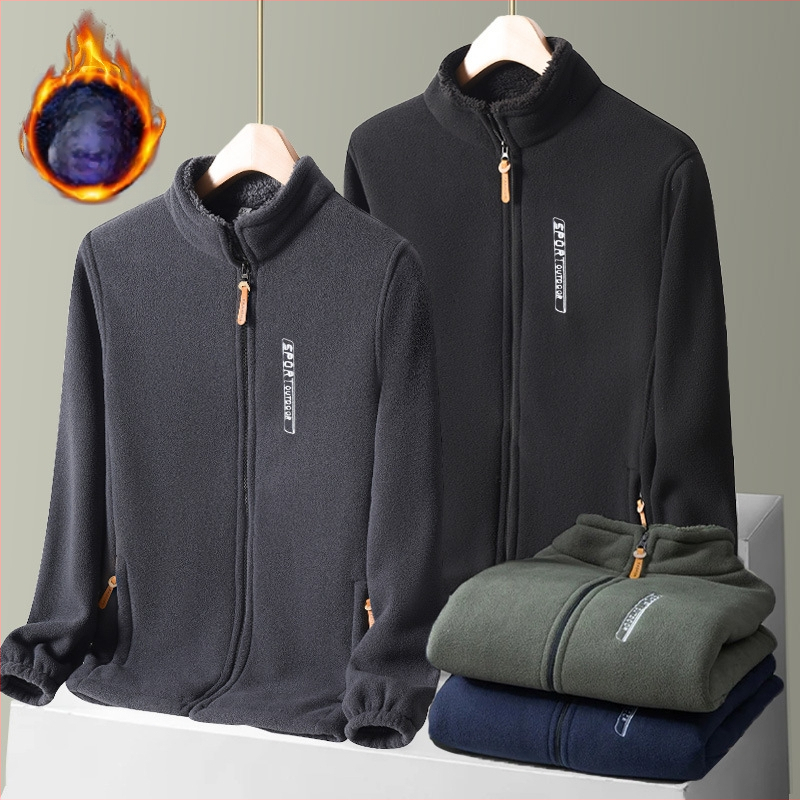 Vyriškas polarfleece kardiganas su stovinčia apykakle, užtrauktukas, laisvas kirpimas, ilgos rankovės, rudens–žiemos sezonams