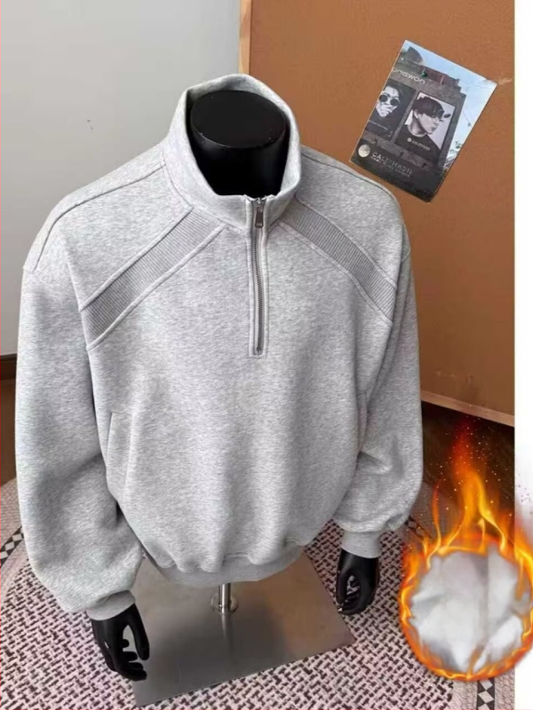 Vyrų Amerikos retro pusiau užtrauktukas džemperis, laisvas kirpimas, ilgos rankovės, apvali kaklo forma, poliesteris, velveto pamušalas, žieminis kasdieninis topas