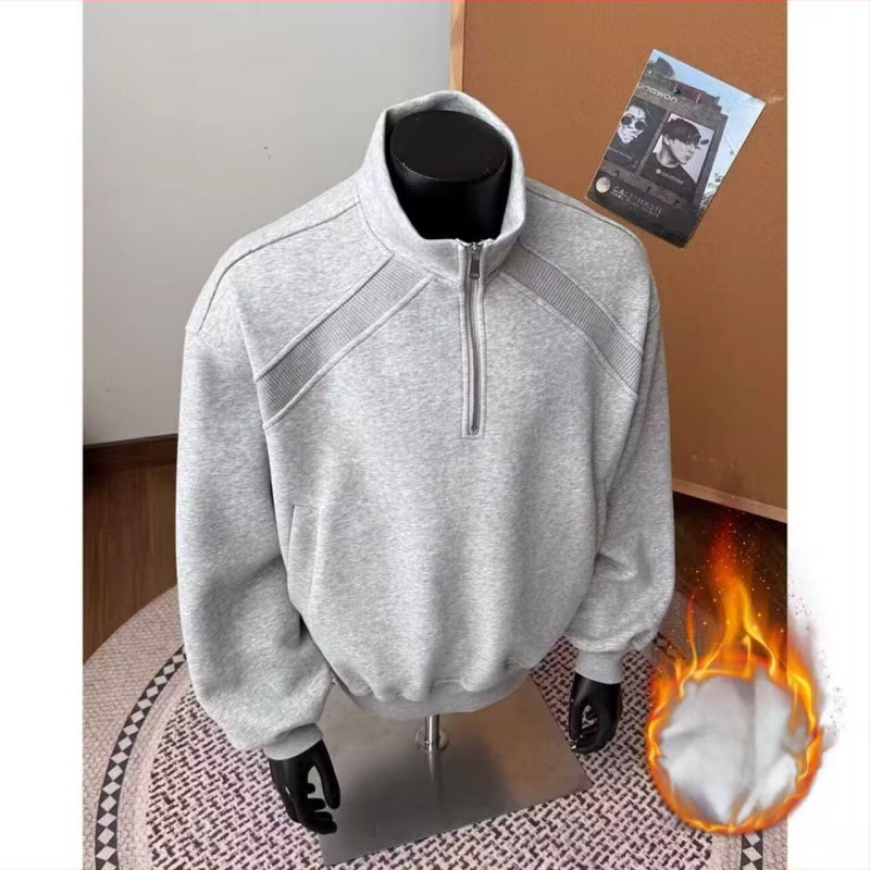 Vyrų Amerikos retro pusiau užtrauktukas džemperis, laisvas kirpimas, ilgos rankovės, apvali kaklo forma, poliesteris, velveto pamušalas, žieminis kasdieninis topas
