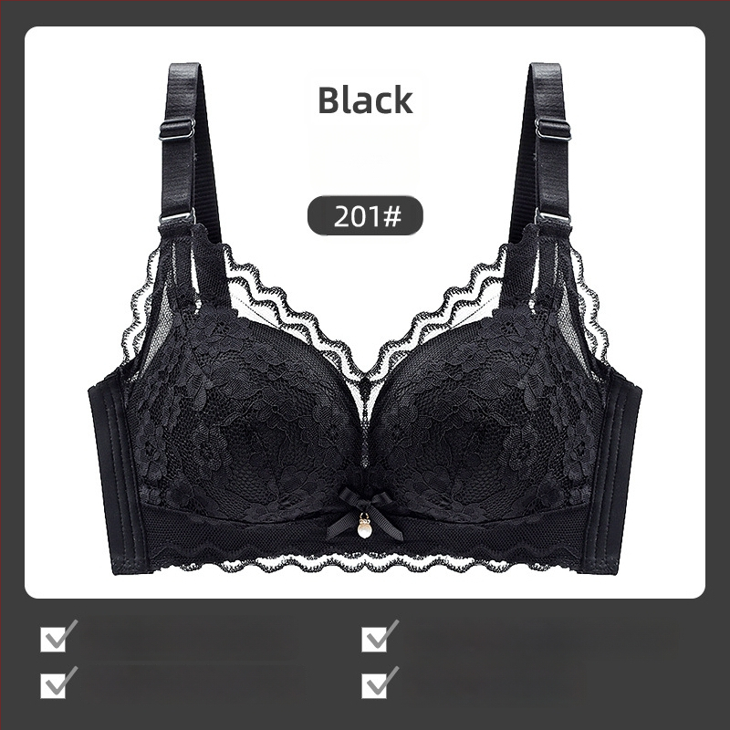 Moterų liemenėlė be vielos su nėriniais, 3/4 puodeliai, plonas viršus, fiksuoti dvigubi dirželiai, nugaros uždarymas su trim eilių kabliukais