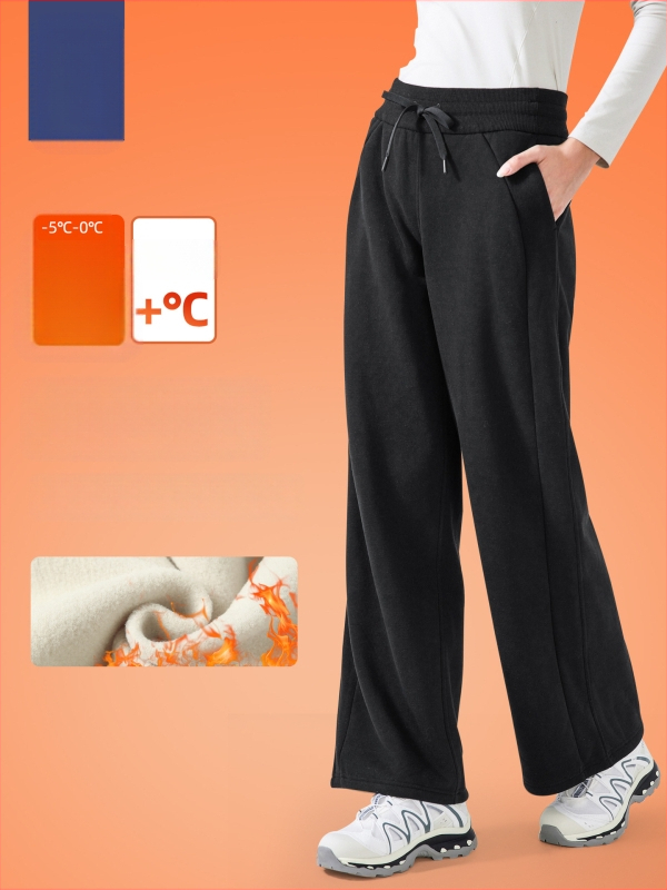 Moterų žieminės sportinės kelnės su aukštu liemeniu, laisvas kirpimas, medvilnės mišinio audinys (28% medvilnė), be pamušalo, išlaiko šilumą, tinka bėgimui ir treniruotėms