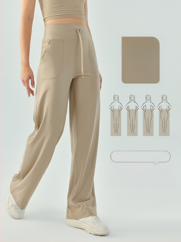 Moterų aukšto juosmens sportinės kelnaitės su raišteliu – laisvo kirpimo, plačios kojos, kvėpuojančios fitneso kelnės jogai ir bėgimui