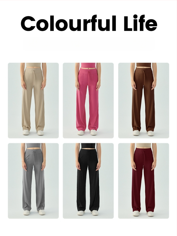 Moterų aukšto juosmens sportinės kelnaitės su raišteliu – laisvo kirpimo, plačios kojos, kvėpuojančios fitneso kelnės jogai ir bėgimui