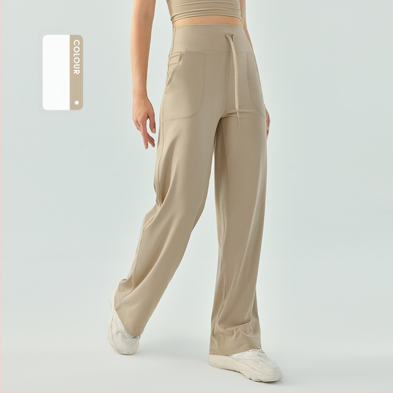 Moterų aukšto juosmens sportinės kelnaitės su raišteliu – laisvo kirpimo, plačios kojos, kvėpuojančios fitneso kelnės jogai ir bėgimui