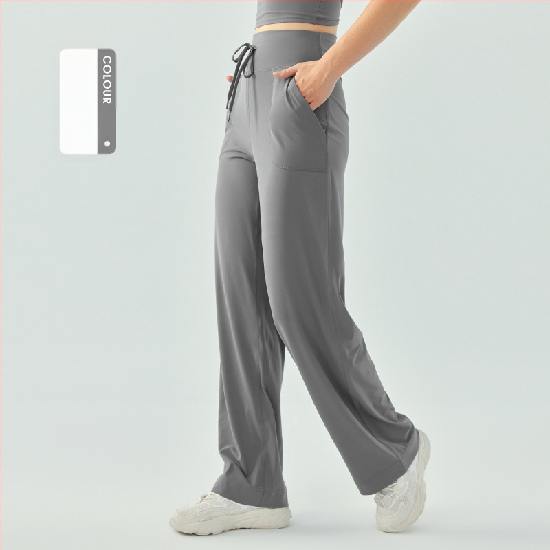 Moterų aukšto juosmens sportinės kelnaitės su raišteliu – laisvo kirpimo, plačios kojos, kvėpuojančios fitneso kelnės jogai ir bėgimui