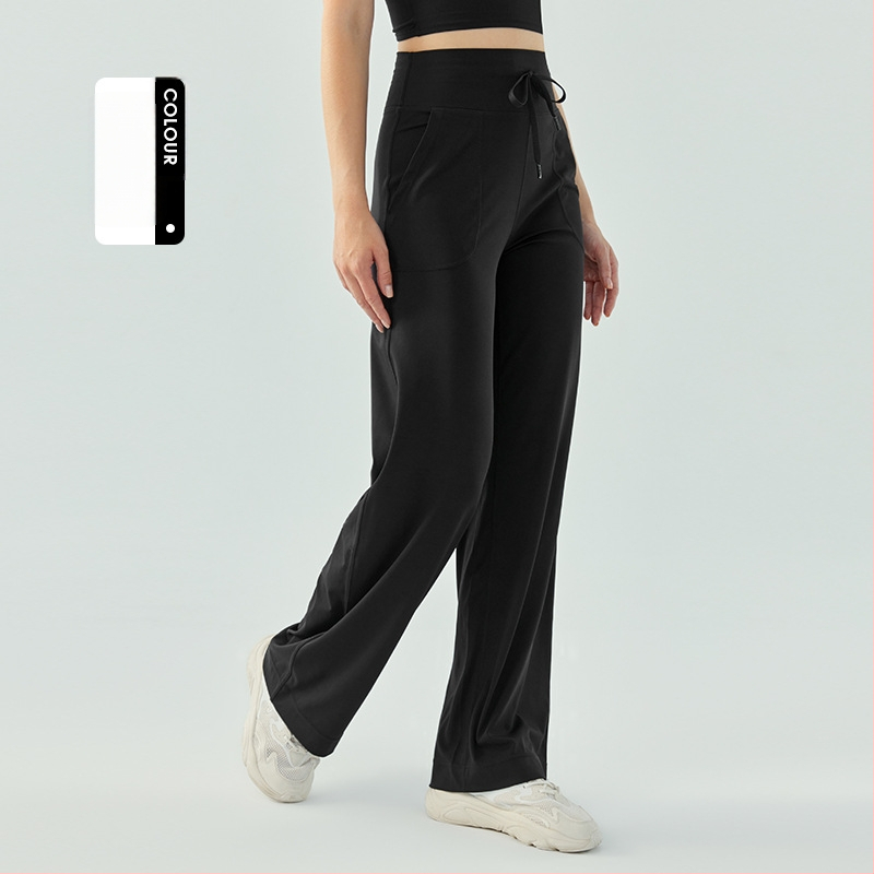 Moterų aukšto juosmens sportinės kelnaitės su raišteliu – laisvo kirpimo, plačios kojos, kvėpuojančios fitneso kelnės jogai ir bėgimui