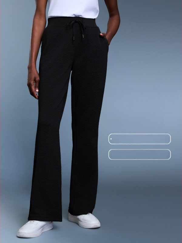 Vaflės tekstūros sportinės kelnės laisvo kirpimo, aukštas juosmuo, medvilnės–poliesterio mišinys 95%, kvėpuojančios, moterims, rudens sezonui