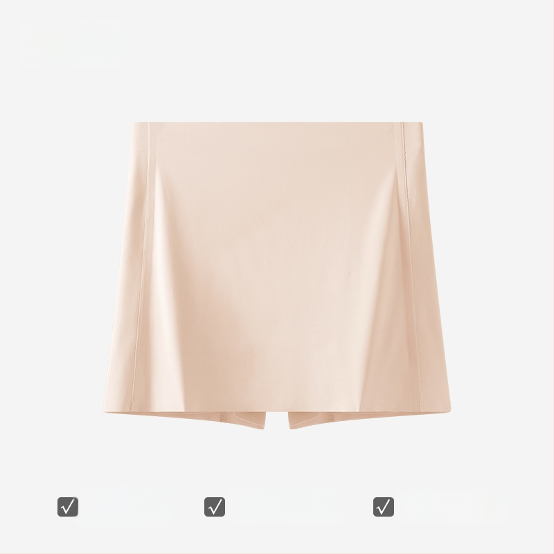 Bešveidės moterų saugios kelnaitės su dviguba apsauga ir anti-eksponavimo dizainu, Ice Silk audinys, vidutinio aukščio liemuo, 75% nailonas, intymiai sričiai skirta pamušalas 100% medvilnė.