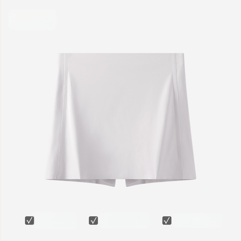 Bešveidės moterų saugios kelnaitės su dviguba apsauga ir anti-eksponavimo dizainu, Ice Silk audinys, vidutinio aukščio liemuo, 75% nailonas, intymiai sričiai skirta pamušalas 100% medvilnė.