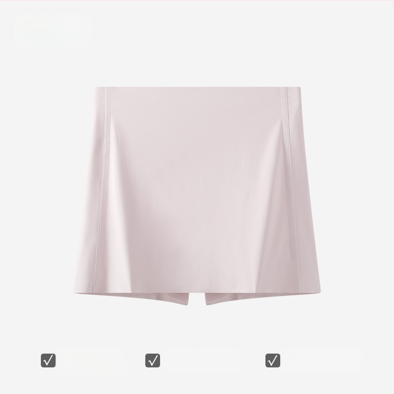 Bešveidės moterų saugios kelnaitės su dviguba apsauga ir anti-eksponavimo dizainu, Ice Silk audinys, vidutinio aukščio liemuo, 75% nailonas, intymiai sričiai skirta pamušalas 100% medvilnė.