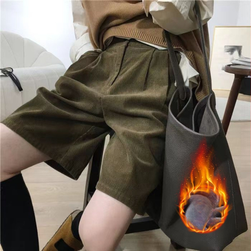 Cordury aukštos juosmens plačios kelnės moterims – vidutinio ilgio, 95% poliesteris