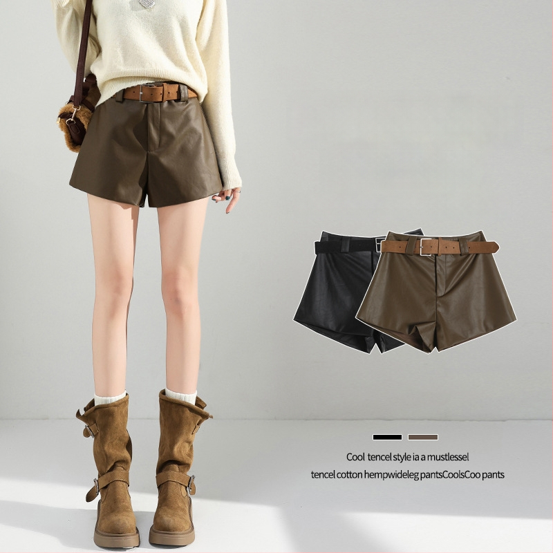 Moteriški PU odiniai kelnes, aukšta talija, 3/4 ilgio, A linija, plačios kojos, kasdieniams