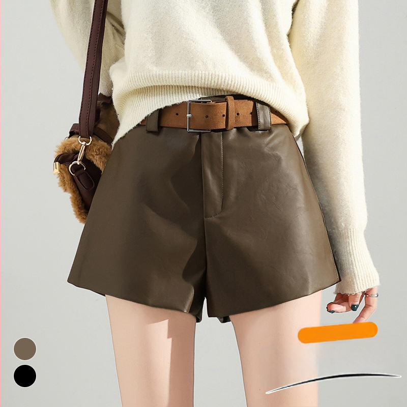 Moteriški PU odiniai kelnes, aukšta talija, 3/4 ilgio, A linija, plačios kojos, kasdieniams