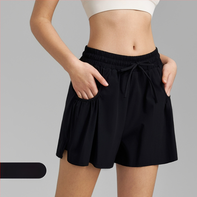 Naiste jooga lühikesed püksid, kiire kuivatamine, vaba lõige, kolmandik pikkus, kootud kangas, 88% nailon, 12% spandex, Kevad 2025