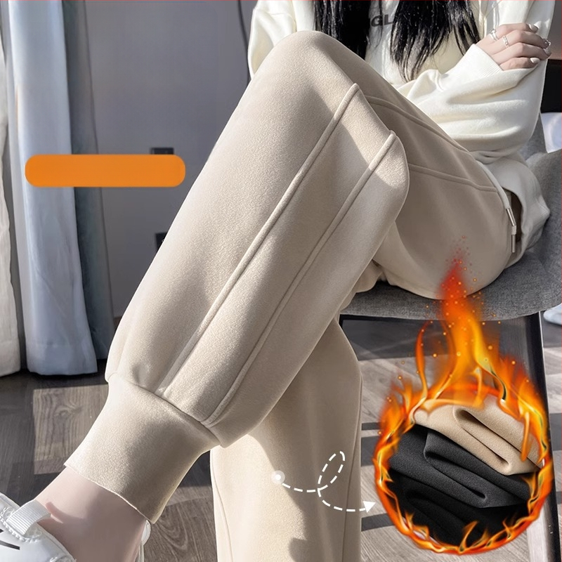 Moteriškos sportinės kelnės iš chenille audinio, aukštas liemuo, tiesus kirpimas, stora medžiaga, ruduo 2024.