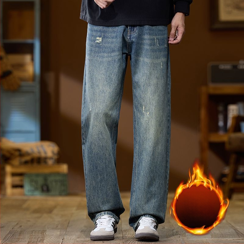 Vīriešu džinsi ar flīsa oderi, augsta josta, taisns piegriezums, rāvējslēdzējs, ziemas sezonai