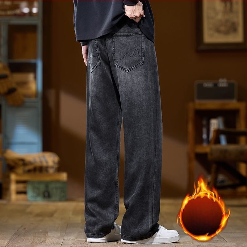 Vīriešu džinsi ar flīsa oderi, augsta josta, taisns piegriezums, rāvējslēdzējs, ziemas sezonai