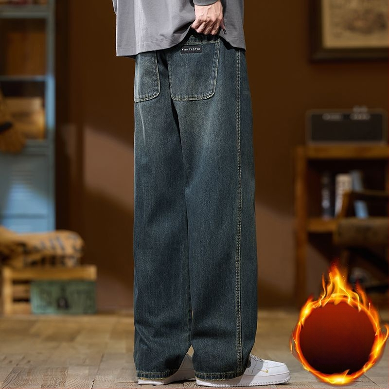 Vīriešu džinsi ar flīsa oderi, augsta josta, taisns piegriezums, rāvējslēdzējs, ziemas sezonai
