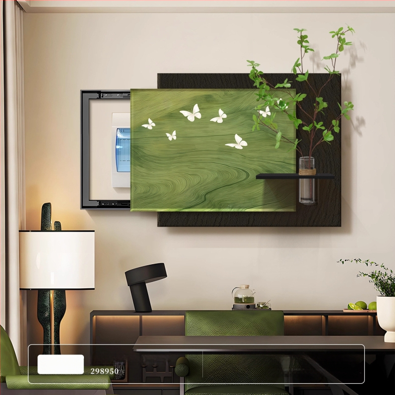 Dekoratyvinis įrėminamas paveikslas elektrinės skirstymo dėžei, vintidžo kremas stilius, PS rėmas, hidroponinė žalia augmenija