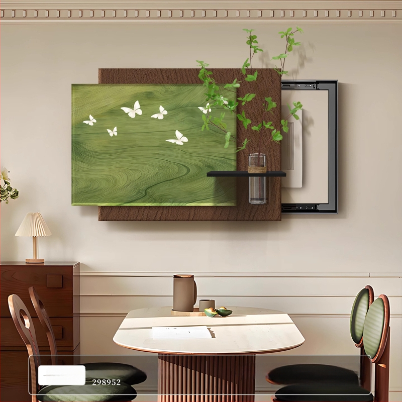 Dekoratyvinis įrėminamas paveikslas elektrinės skirstymo dėžei, vintidžo kremas stilius, PS rėmas, hidroponinė žalia augmenija