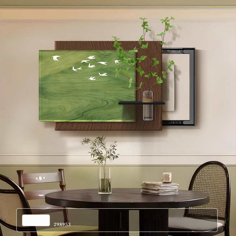 Dekoratyvinis įrėminamas paveikslas elektrinės skirstymo dėžei, vintidžo kremas stilius, PS rėmas, hidroponinė žalia augmenija