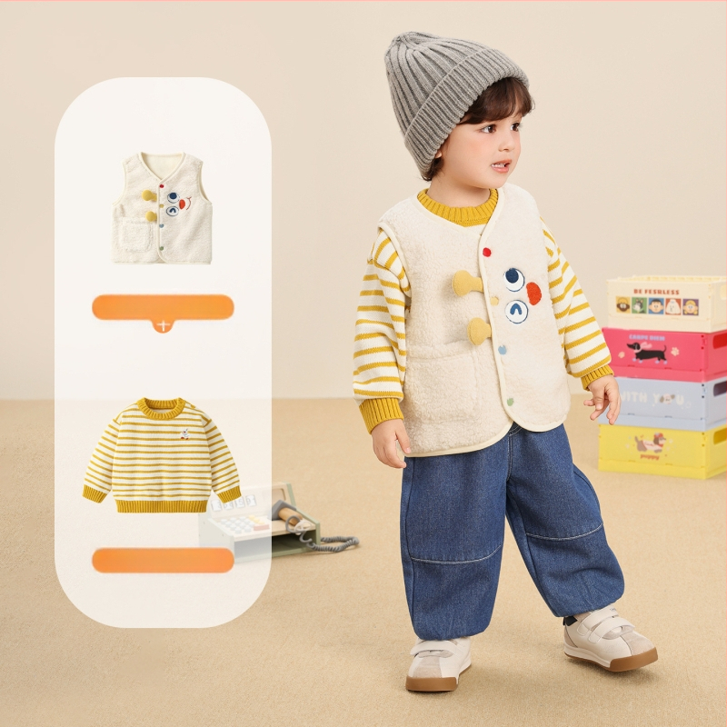 Divu daļu komplekts: flīsa jaka un džemperis - universāls, ziemas apģērbs ar karikatūras rakstu; džemperis 100% kokvilna; vestes 100% poliester; bērniem 1–3 gadi; garas piedurknes; bez kapuces