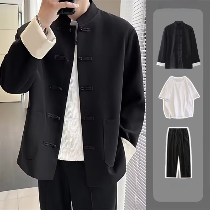 Meeste Tang-jakk kiinalises stiilis, stand-up krae ja sõlmitud nööpidega, jacquardpolüestersegu, vaba lõige, nelja aastaajaga.