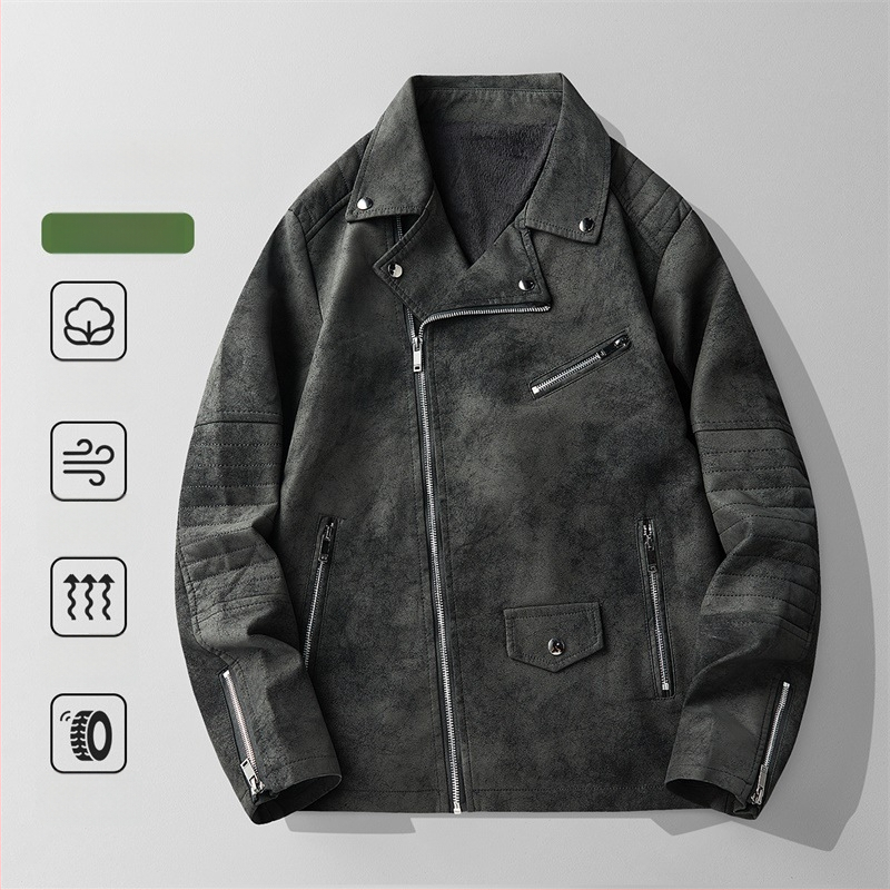 Vīriešu PU ādas jaka ar vintage stilu, stāvošs apkaklis, rāvējslēdzējs, fleece odere