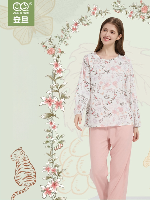 Andan moterų bambuko-pamuko elastinis pižamų komplektas — odai draugiškas, namų drabužiai, animacinis raštas, tinka visiems metų laikams