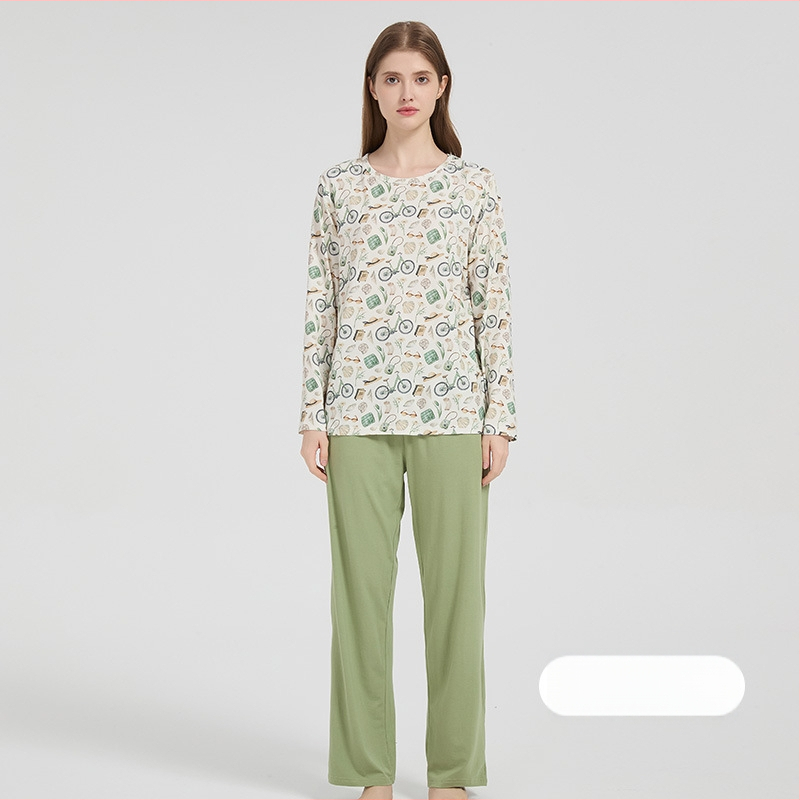 Andan moterų bambuko-pamuko elastinis pižamų komplektas — odai draugiškas, namų drabužiai, animacinis raštas, tinka visiems metų laikams