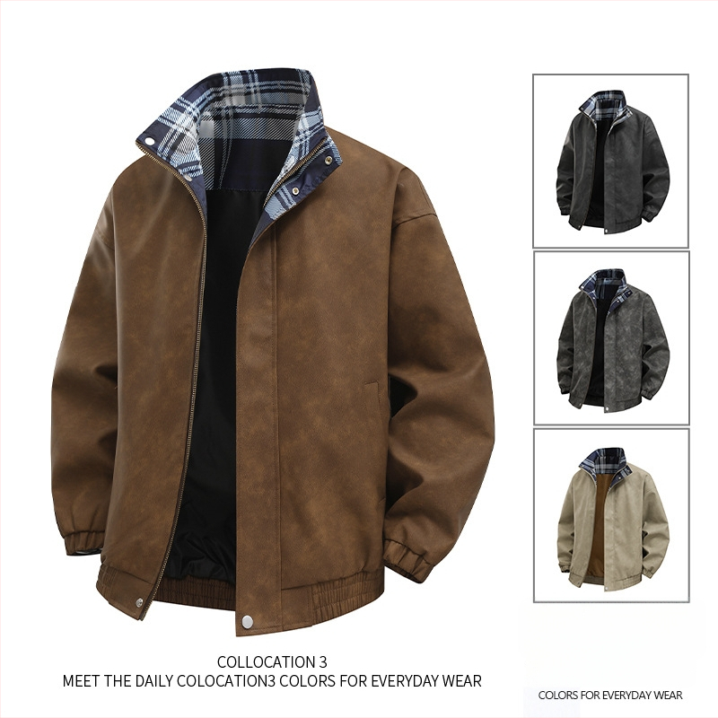 Vīriešu PU ādas jaka, brīvs piegriezums, V kakla izgriezums, divpusēja pogu aizdare, sānu kabatas