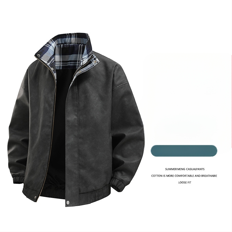 Vīriešu PU ādas jaka, brīvs piegriezums, V kakla izgriezums, divpusēja pogu aizdare, sānu kabatas