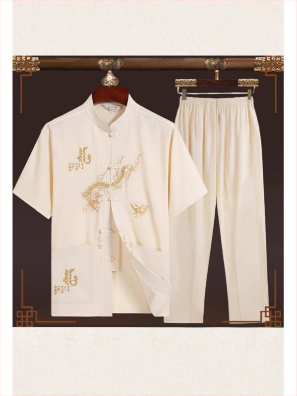 Meeste suvine Tang-ülikond lühikeste varrukatega, stand-up krae, Hiina stiilis tikand, 100% polüester