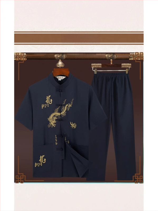 Meeste suvine Tang-ülikond lühikeste varrukatega, stand-up krae, Hiina stiilis tikand, 100% polüester