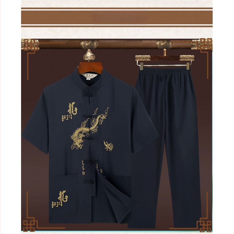 Meeste suvine Tang-ülikond lühikeste varrukatega, stand-up krae, Hiina stiilis tikand, 100% polüester