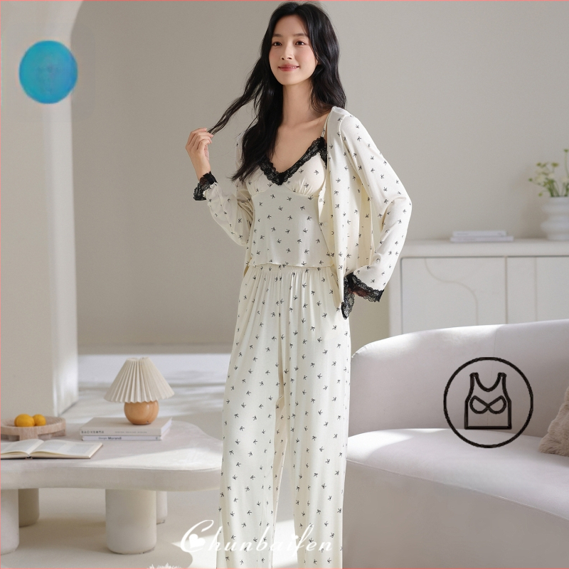 Trijų dalių 100% medvilnės pižama komplektas moterims su krūties pagalvėlėmis, ilgomis rankovėmis, apvaliu kaklu, lengvas, pavasario ir rudens sezonams