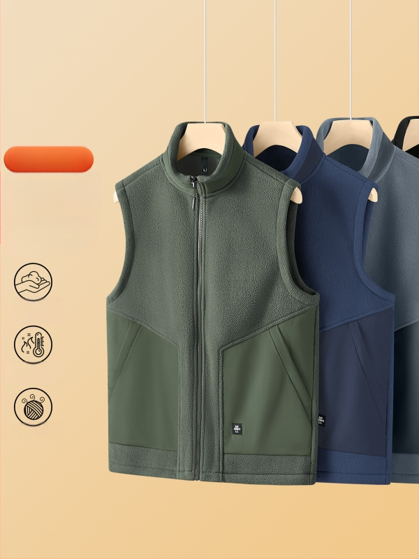 Vyrų fliso liemenė be rankovių su stovinčia apykakle, dvipusis veliūras, storas audinys, užtrauktukas priekyje