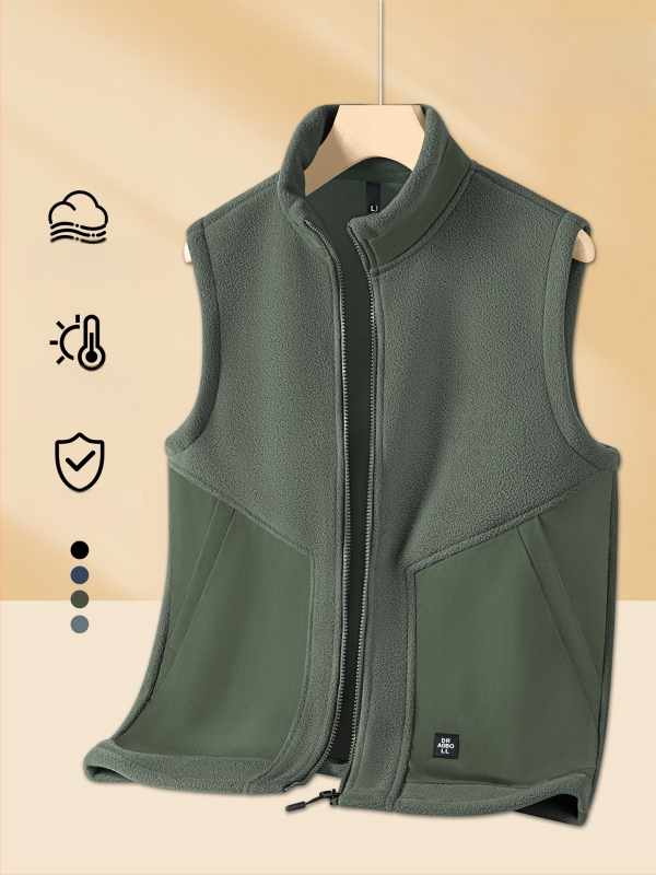 Vyrų fliso liemenė be rankovių su stovinčia apykakle, dvipusis veliūras, storas audinys, užtrauktukas priekyje