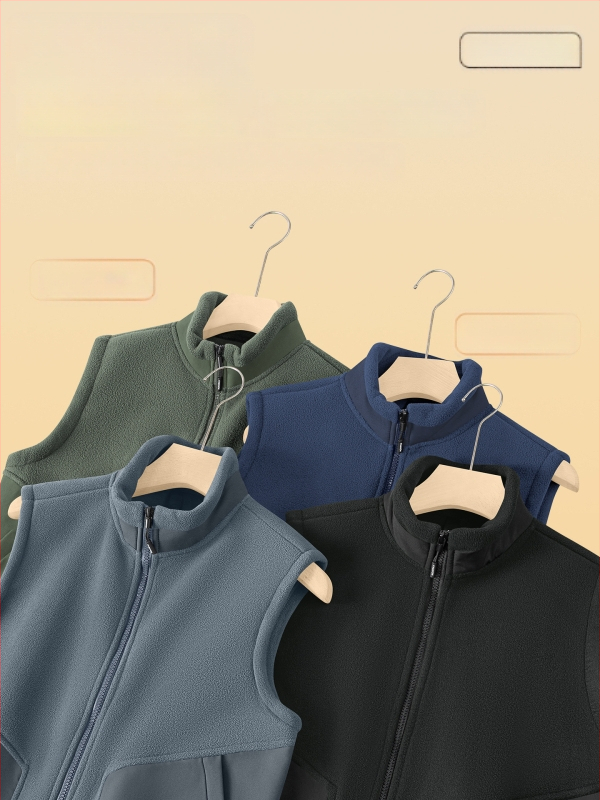 Vyrų fliso liemenė be rankovių su stovinčia apykakle, dvipusis veliūras, storas audinys, užtrauktukas priekyje