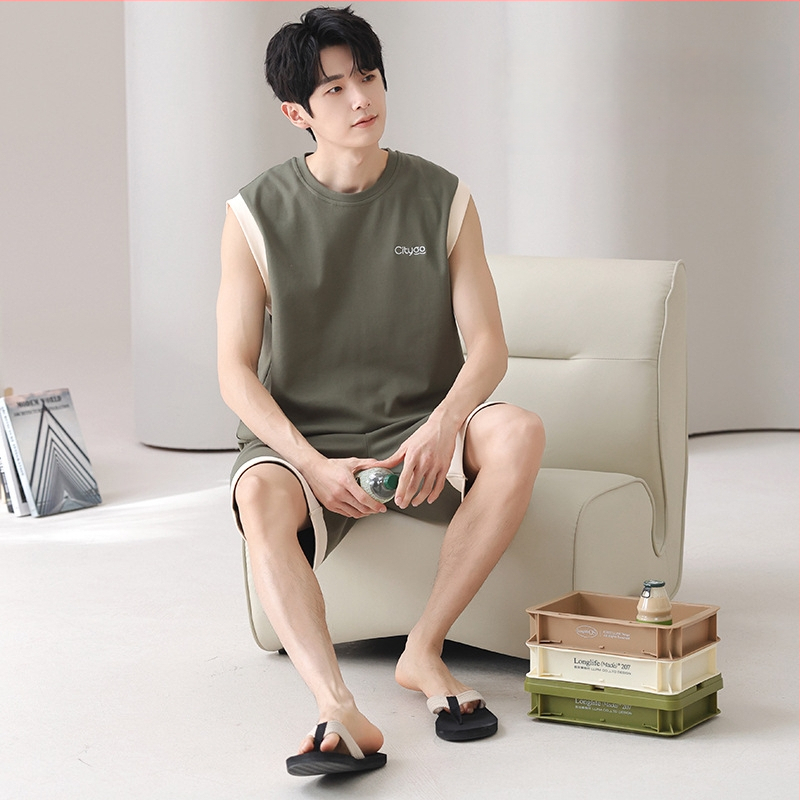 Puuvillane meeste pidžaamade komplekt - varrukateta top ja lühikesed püksid, ümmarguse kaelusega, õhuke kangas 141-160 g/m2, suvi