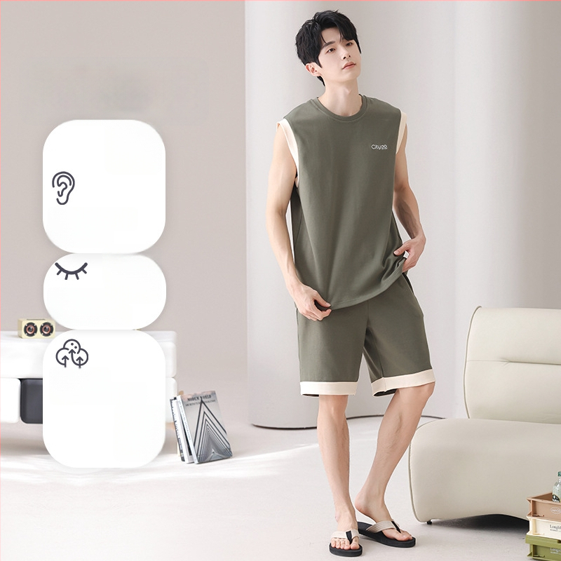 Puuvillane meeste pidžaamade komplekt - varrukateta top ja lühikesed püksid, ümmarguse kaelusega, õhuke kangas 141-160 g/m2, suvi