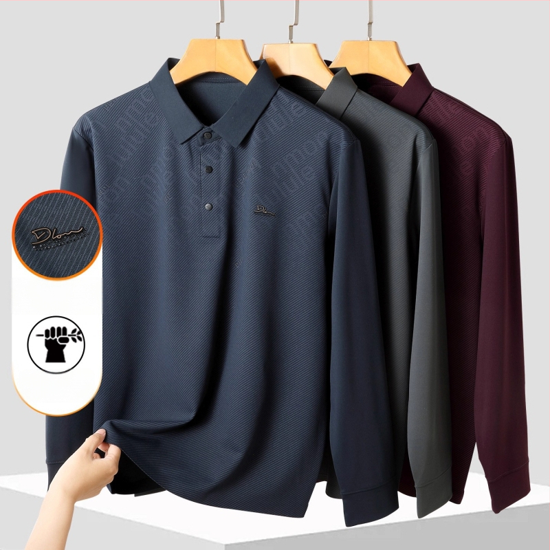 Vyrų polo marškiniai su atlapos apykakle, ilgomis rankovėmis, plona medžiaga, poliesterio-elastano mišinys