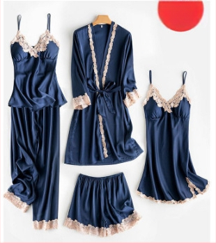 Penkių dalių ledinės šilko pižamos komplektas su nėrinių naktinuke ir krūtinės pagalvėle, V iškirptė, ilgos rankovės, trumpos kelnės