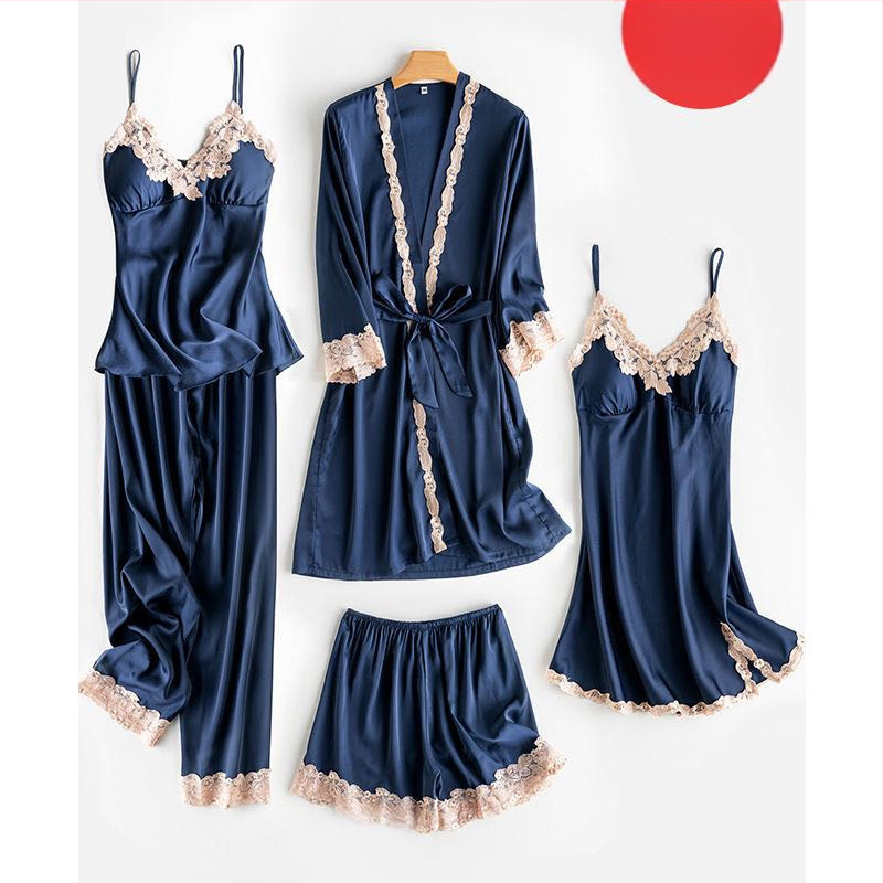 Penkių dalių ledinės šilko pižamos komplektas su nėrinių naktinuke ir krūtinės pagalvėle, V iškirptė, ilgos rankovės, trumpos kelnės