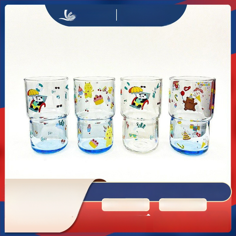 Terminuoto stiklo vandens puodelis su karikatūriniu raštu, apvalus be rankenos, atsparus karščiui, tinkamas arbatai ir kavai, galima pritaikyti