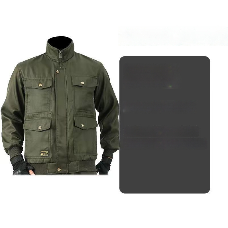 Atsparūs dilimui vyriški darbo drabužiai — nailono audinys, pagrindinis linas, suaugęs vyras, su kaklo etikete