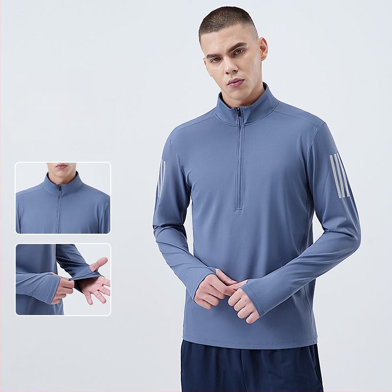 Vyrų fitneso džemperis su aukštu elastingumu, greitai džiūstantis, ilgos rankovės, pusiau užtrauktukas apykaklė, 82% poliesteris, 18% spandeksas