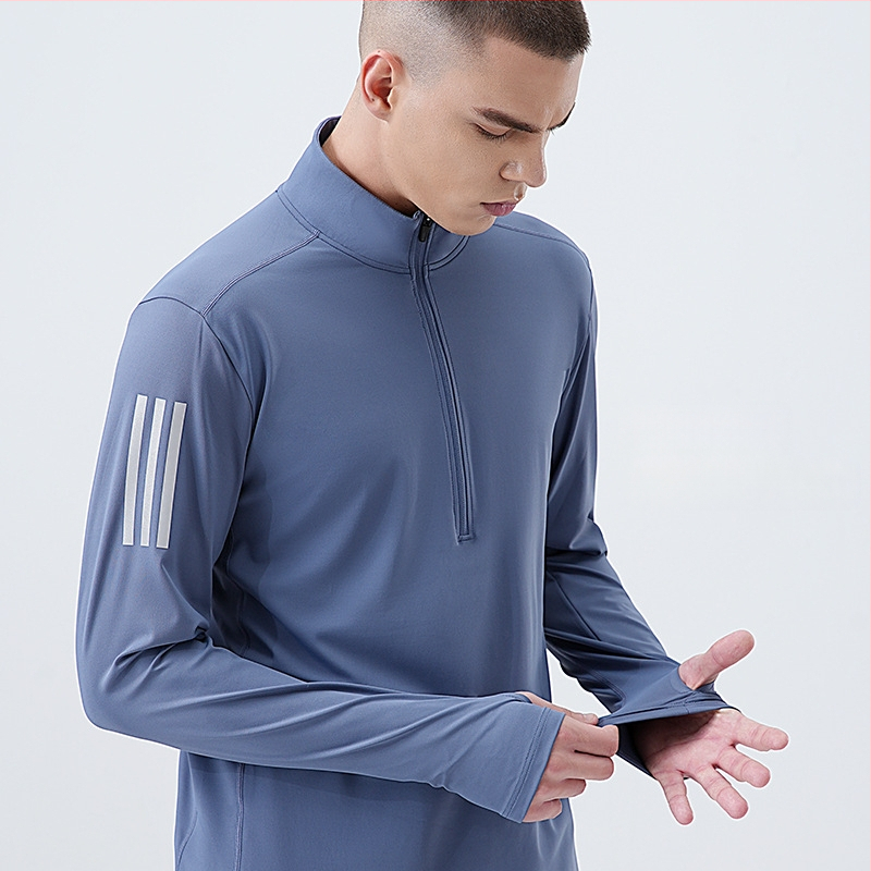 Vyrų fitneso džemperis su aukštu elastingumu, greitai džiūstantis, ilgos rankovės, pusiau užtrauktukas apykaklė, 82% poliesteris, 18% spandeksas