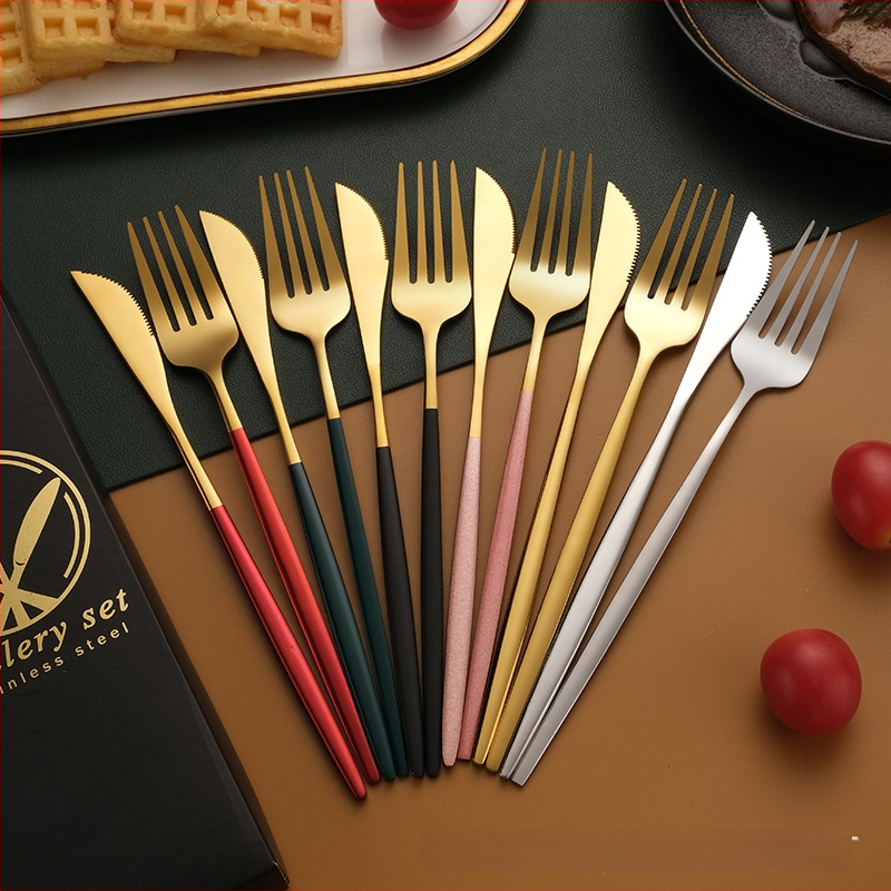 Nerūdijančio plieno stalo įrankių rinkinys – peilis, šakutė, šaukštas ir lazdelės; 410 nerūdijantis plienas, veidrodinis poliravimas, dovanos pakuotė, galimybė pritaikyti